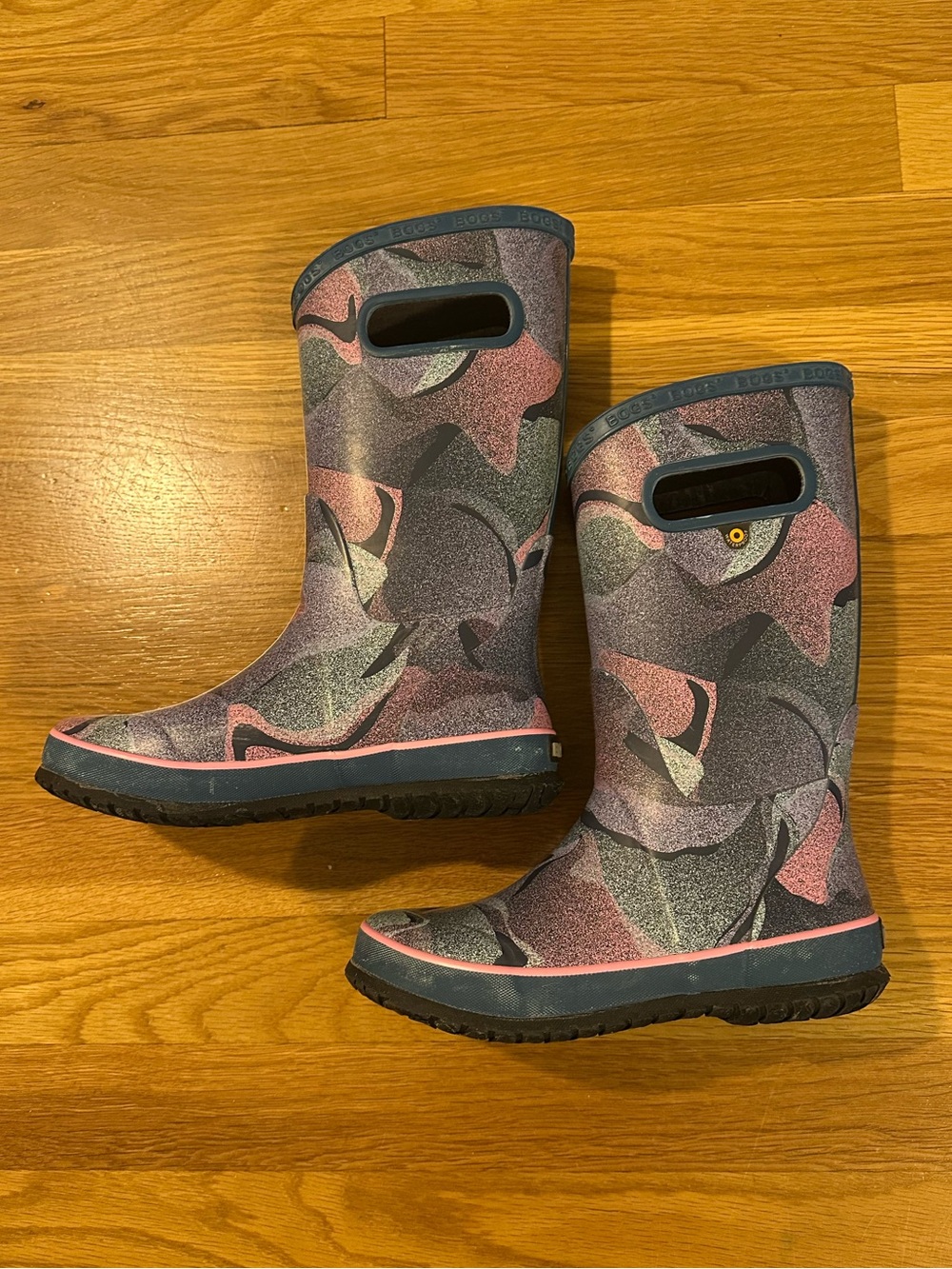 Bogs Kids Pink and Gray Abstract Camo Rain Boots